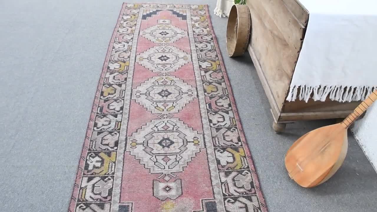 トルコラグ、3x9ランナーラグ、ヴィンテージラグ、装飾ウシャクラグ